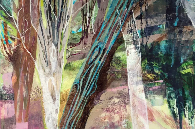 Oil painting of atmospheric yew trees by Michele Marcoux