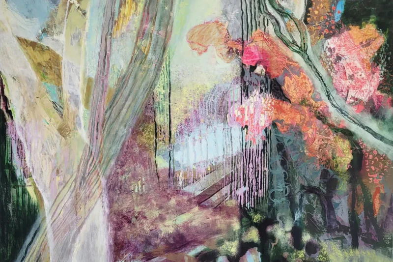 Oil painting of yew trees in an imagined landscape by Michele Marcoux