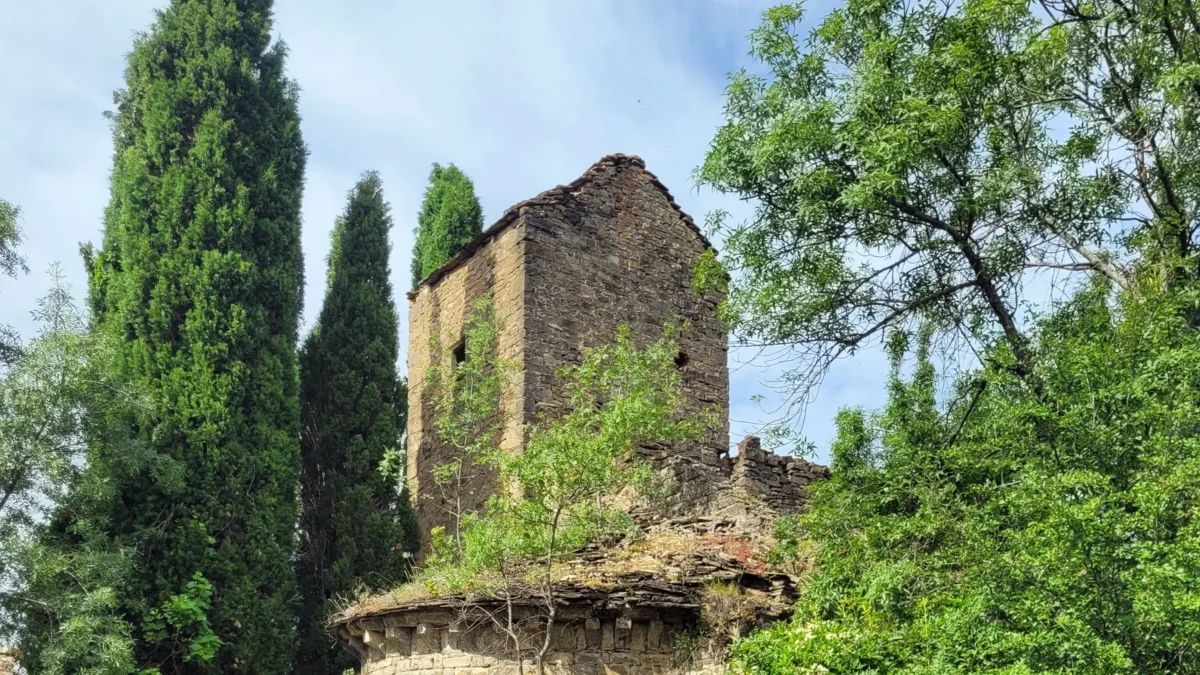 Wide view of the ruined church at Bergosa