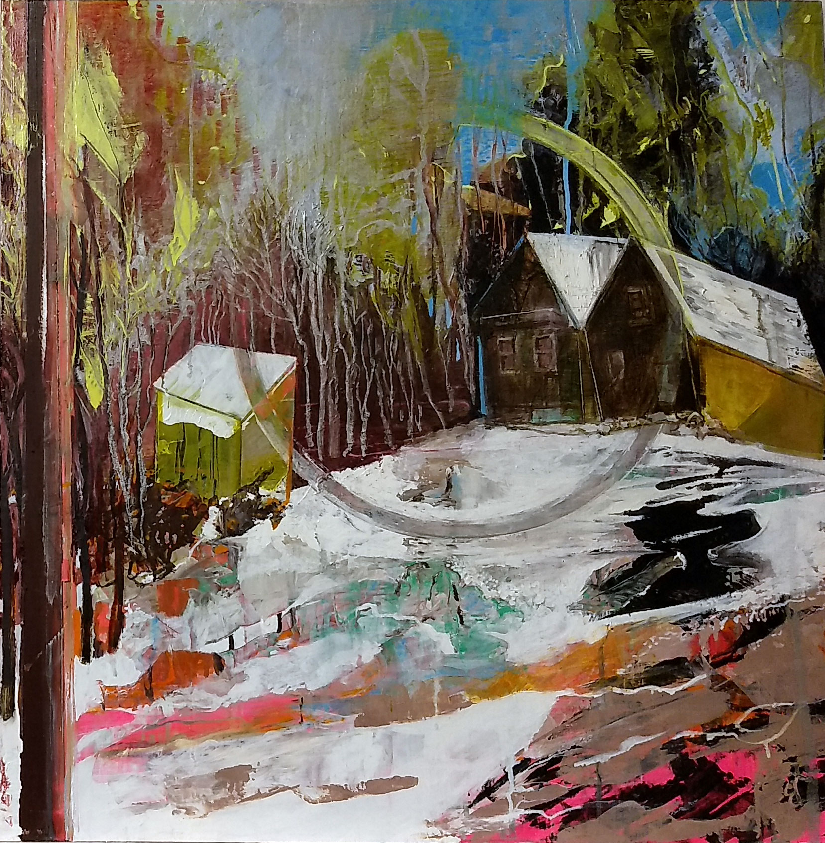 Painting of a cabin in a snowy landscape by Michele Marcoux