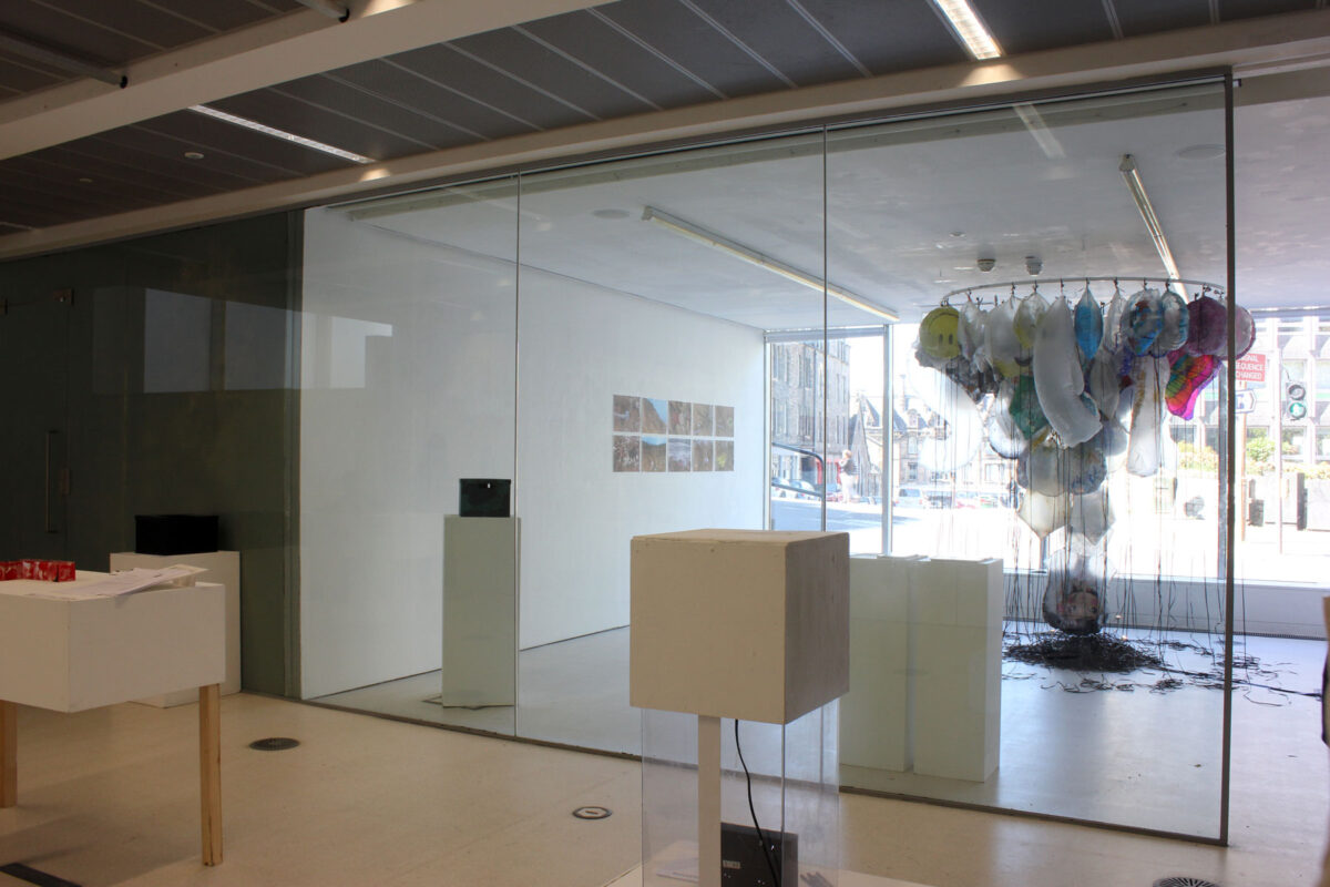 Wide installation view of GYRE from adjoining gallery space