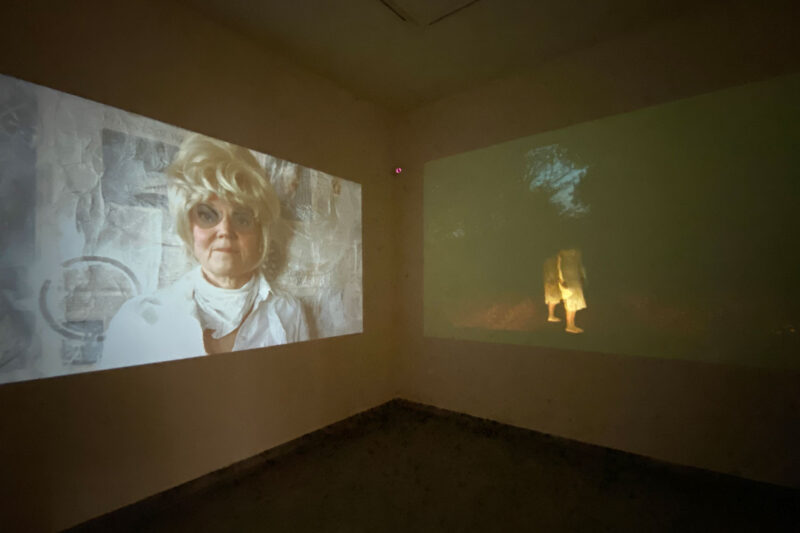 wo-channel installation view of Old dear in the headlamps at Koel Gallery, Karachi