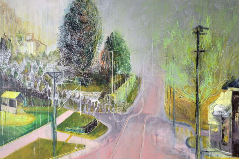 Painting of a melting American street scene by Michele Marcoux