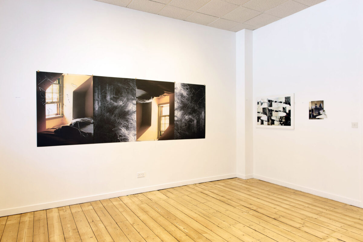 Exhibition view of black-and-white photomontage and collage painting from Hag-Ridden