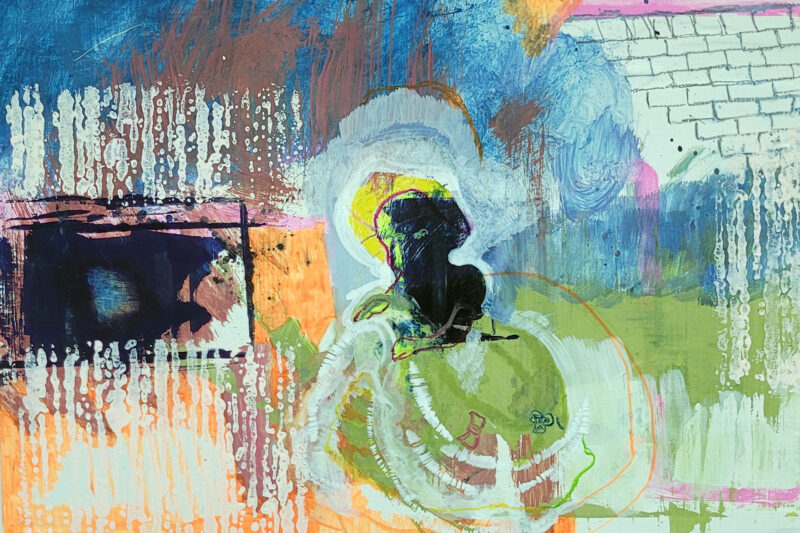Gouache painting of a doll-like figure in an ambiguous interior landscape by Michele Marcoux