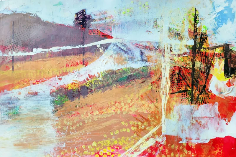 A Road Will Run Through It I, gouache painting on paper by Michele Marcoux with red, white ochre and purple landscape forms