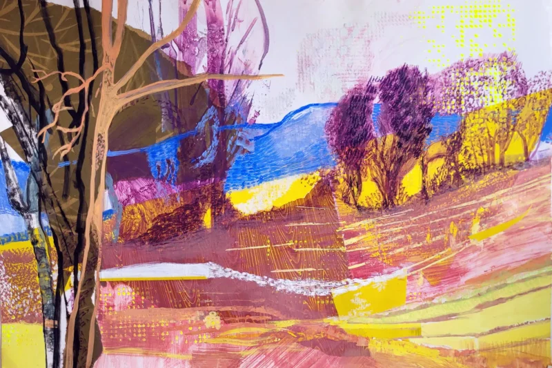 A Road Will Run Through It II, gouache and collage on paper with fractured field, trees, purple and yellow landscape forms