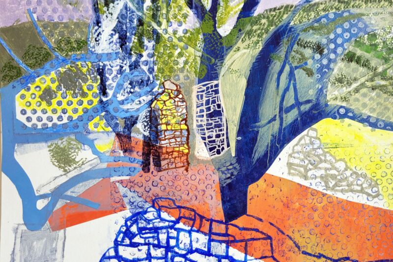 Bergosa Puzzle Piece, collage and gouache painting with red and blue linear abstract forms