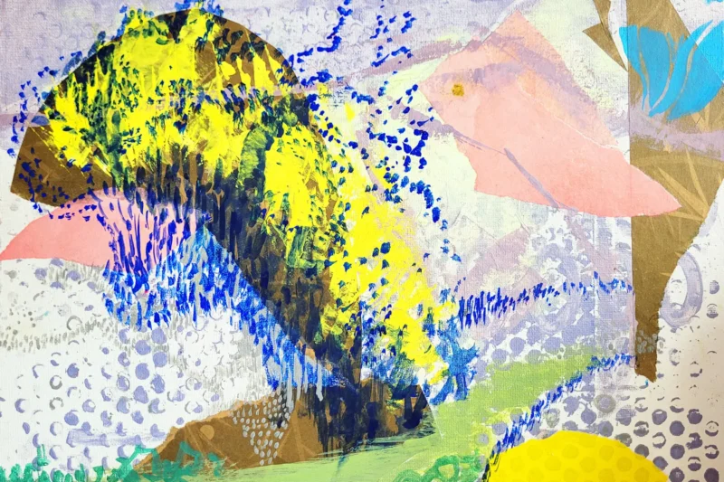 Carpe Diem, collage and gouache landscape painting with yellow abstract hills and dotted forms