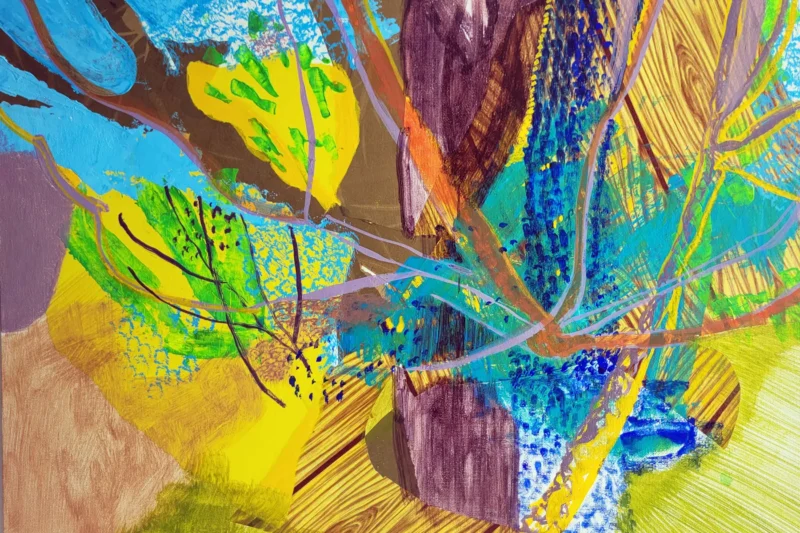 Looking for Water, abstract gouache painting with bright yellow and blue sunlit landscape elements