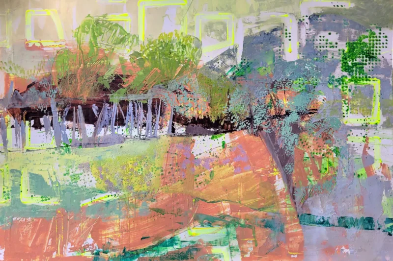 Things I Remembered at the Time, soft abstract landscape painting in green, ochre, yellow and grey